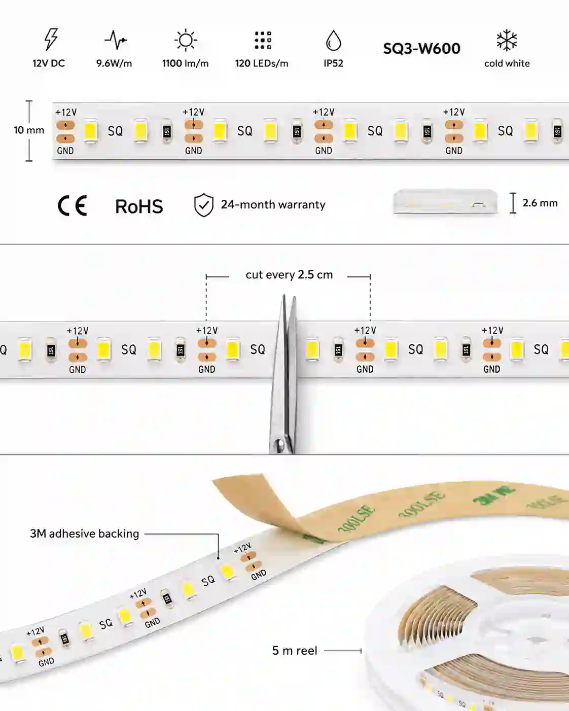 Zalitý LED pásek SQ3-W600 12V instalovaný v hliníkovém profilu osvětlení kuchyňské linky podhledů vitrín